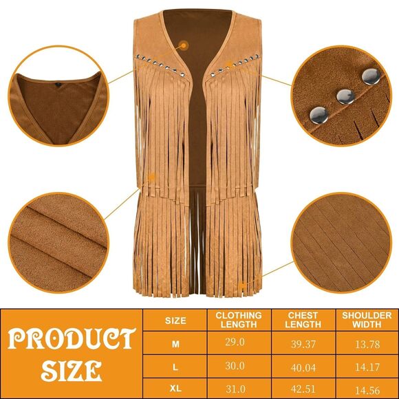 6454 Women\'s Tassel Vest 70s Hippie Rivets Sleeveless Fringe Jacket Faux main image 5